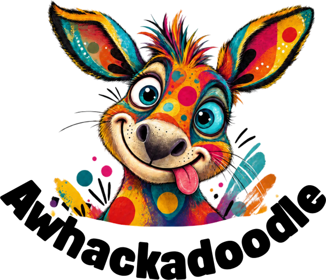 Awhackadoodle logo: a colorful cartoon donkey sticking out its tongue